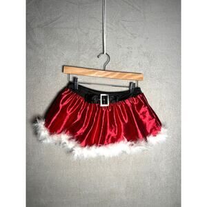 Sexy Red Silky‎ Santa Skirt White Fur Trim Size Medium Attached Black Belt